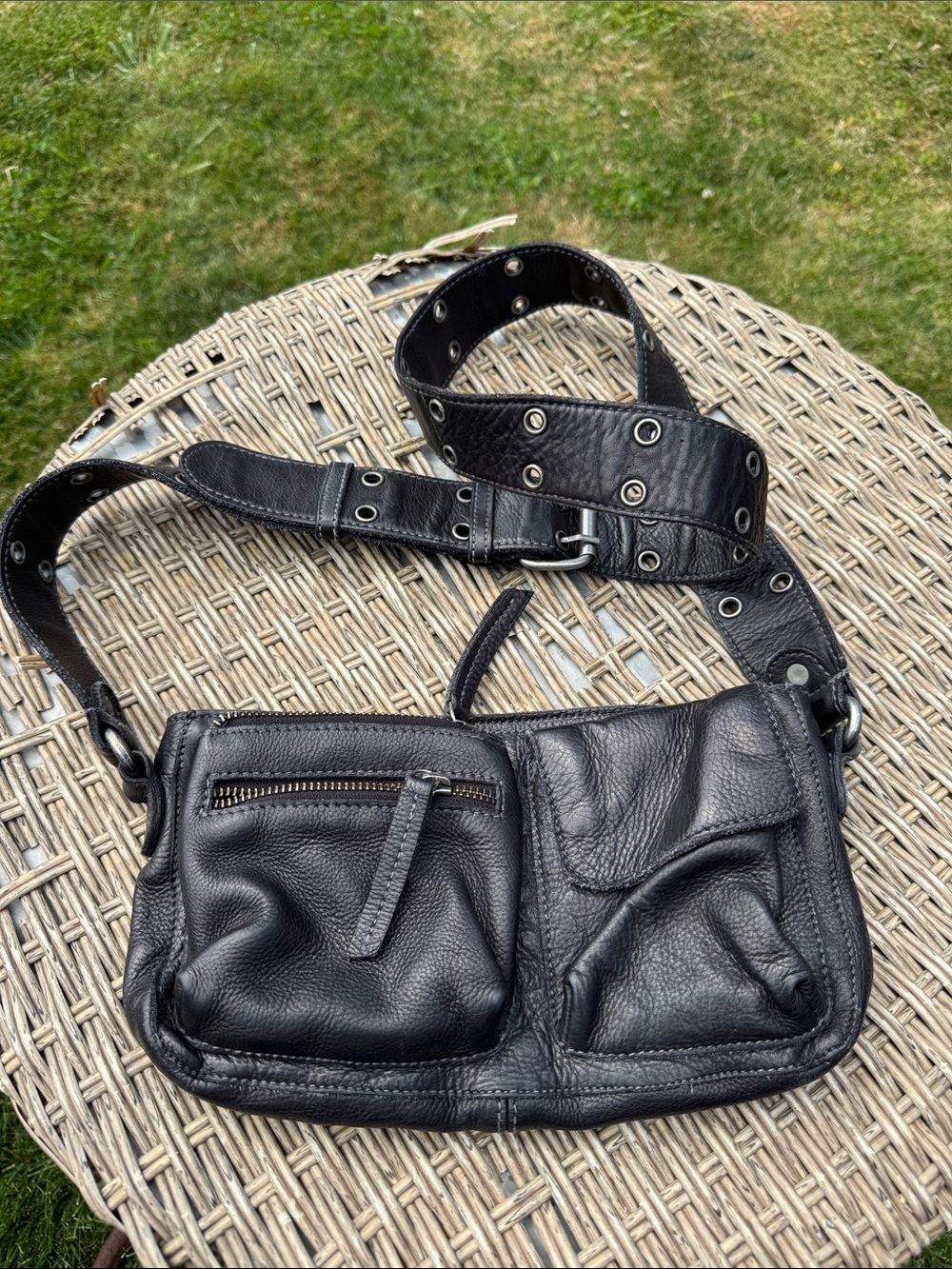 Free People Black Leather Crossbody Bag with Grommet Strap